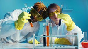 Lab coats resistant to flames and chemicals, providing essential protection for professionals in hazardous laboratory environments.